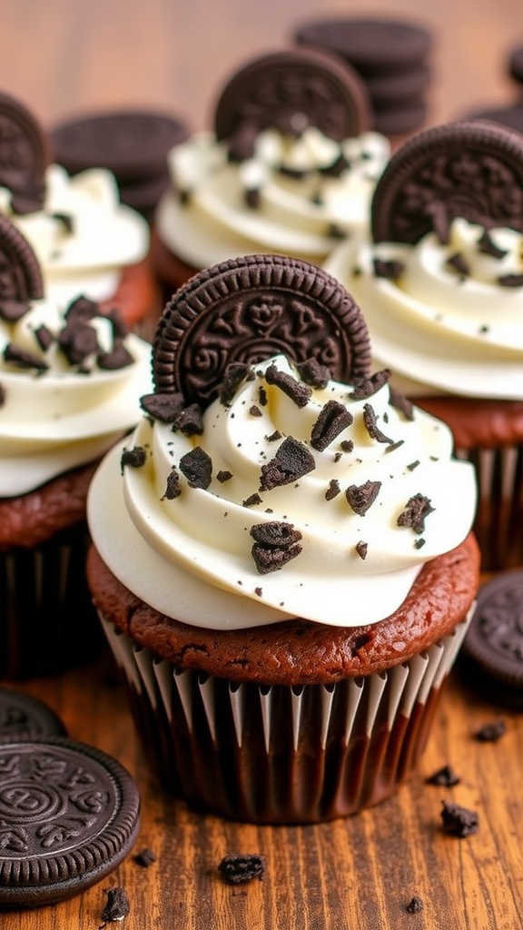 Oreo brownie cupcakes with Oreo frosting and crushed Oreo topping on a rustic wooden table.